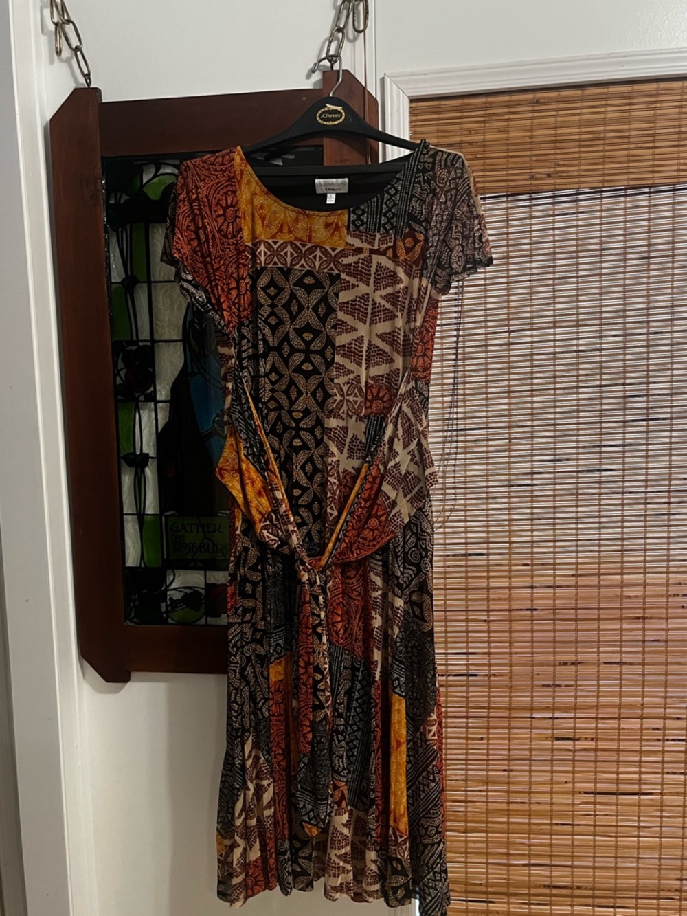 Patchwork Print Short Sleeve Tie-Waist Dress in Multicolor